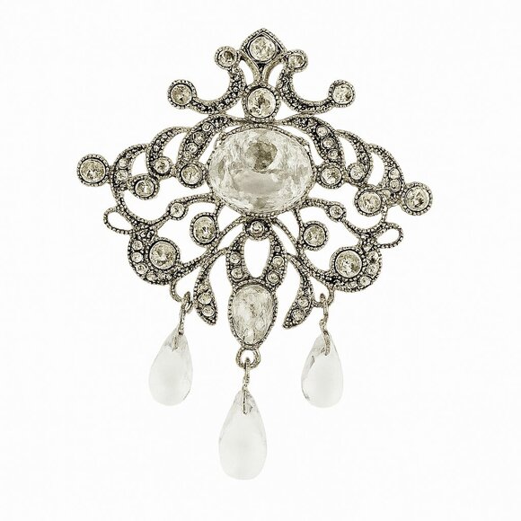 Vintage Monet Clear Crystal Teardrop Silver Victorian Brooch - Picture 2 of 7